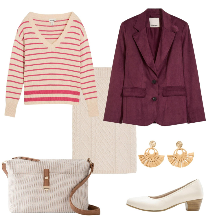 Outfit donna - Si festeggia con le amiche. Stile Casual chic per Serata fuori. Abbinamento con orecchini, décolleté, blazer, gonne, maglieria, borse a tracolla.