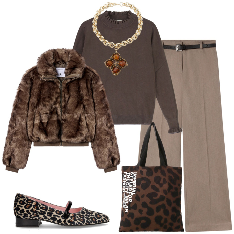 Outfit donna - Total look #2281804. Stile Chic per Serata fuori. Abbinamento con pantaloni, ecopellicce, shopping bag, maglieria, collane, ballerine.