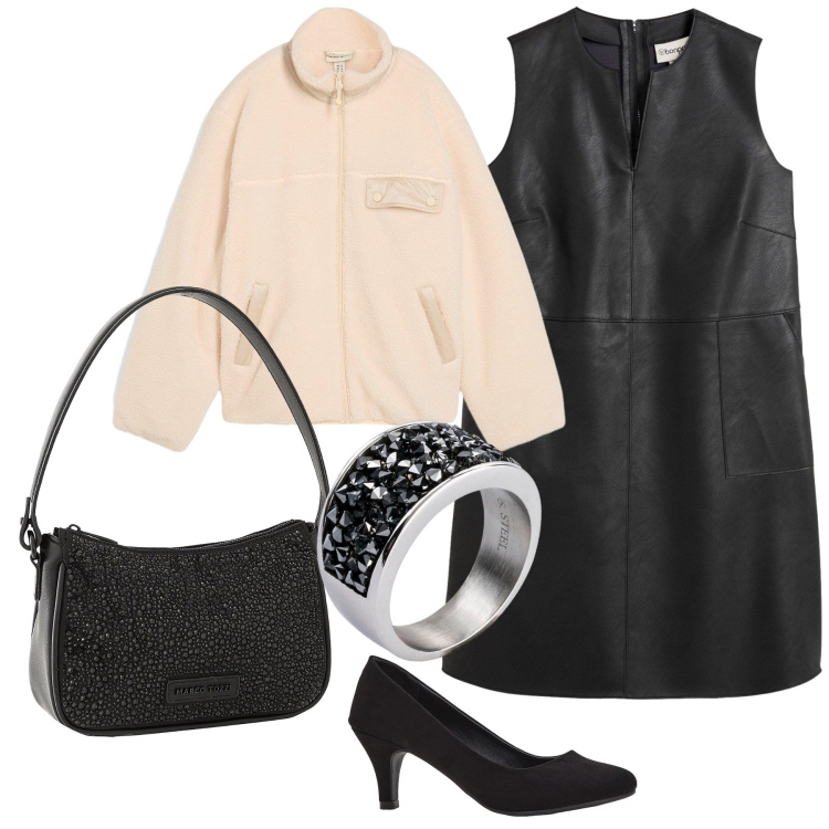 Outfit donna - Aperitivo di auguri con colleghi. Stile Urban per Serata fuori. Abbinamento con vestiti, caban, décolleté, borse a mano, anelli.