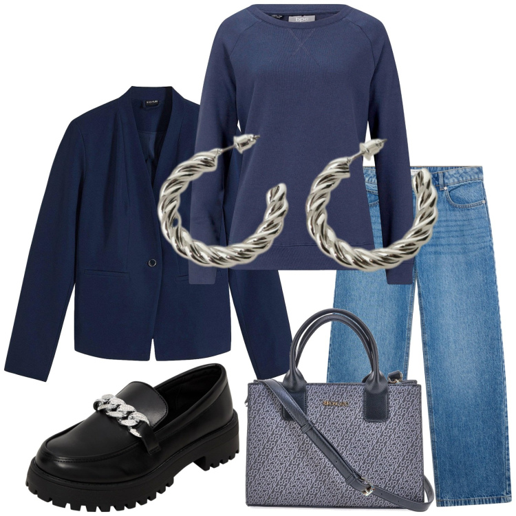 Outfit donna - Total look #2281808. Stile Casual chic per Tutti i giorni. Abbinamento con felpe, blazer, jeans, mocassini, orecchini, borse a tracolla.