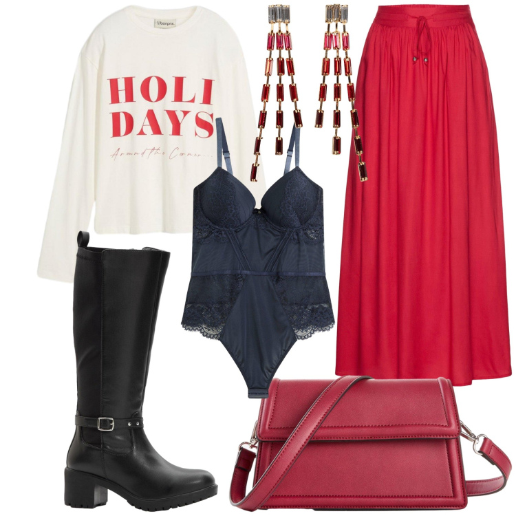 Outfit donna - Christmas holidays. Stile Trendy per Tutti i giorni. Abbinamento con gonne lunghe, orecchini, borse a tracolla, body, maglieria, stivali.