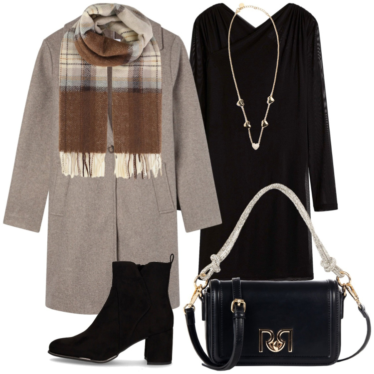 Outfit donna - Total look #2281812. Stile Minimal per Ufficio. Abbinamento con vestiti, sciarpe, borse a mano, cappotti, collane, stivaletti.