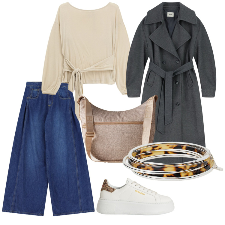Outfit donna - In città. per Tutti i giorni. Abbinamento con jeans, borse a spalla, top, cappotti, braccialetti, sneakers.
