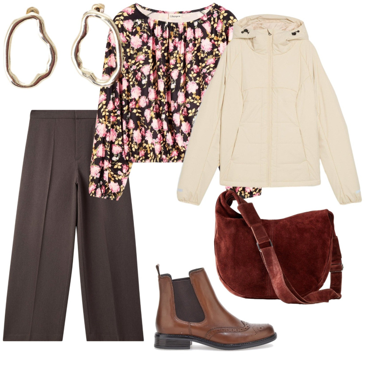 Outfit donna - Colori autunnali. per Tutti i giorni. Abbinamento con giacche, borse a mano, bluse, pantaloni, orecchini, stivaletti chelsea.
