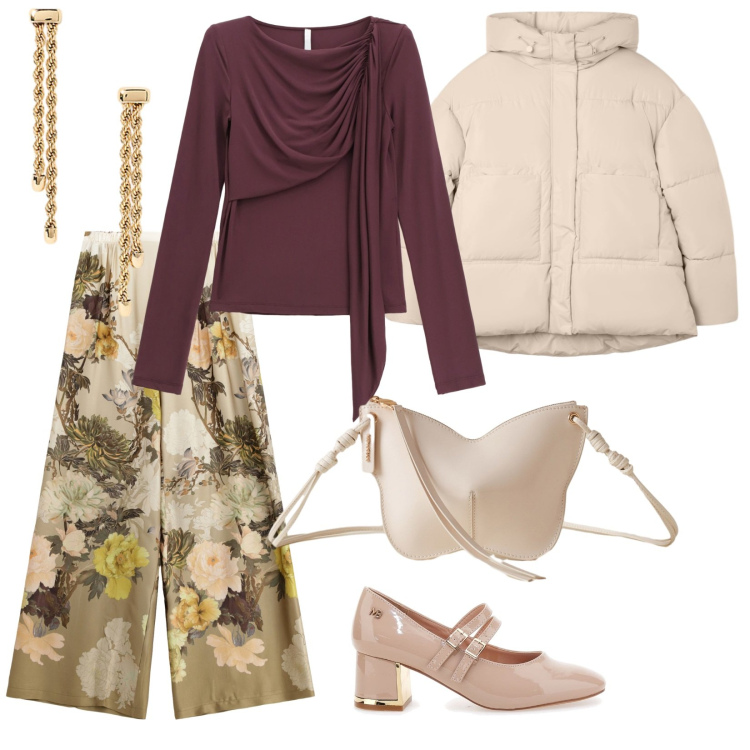 Outfit donna - Con amiche. per Tutti i giorni. Abbinamento con bomber, bluse, pantaloni a palazzo, borse a tracolla, orecchini, décolleté.