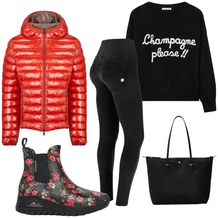 Outfit donna - Colore se la giornata è grigia. Stile Urban per Tutti i giorni. Abbinamento con stivali di gomma, maglieria, jeans skinny, borse tote, blazer.