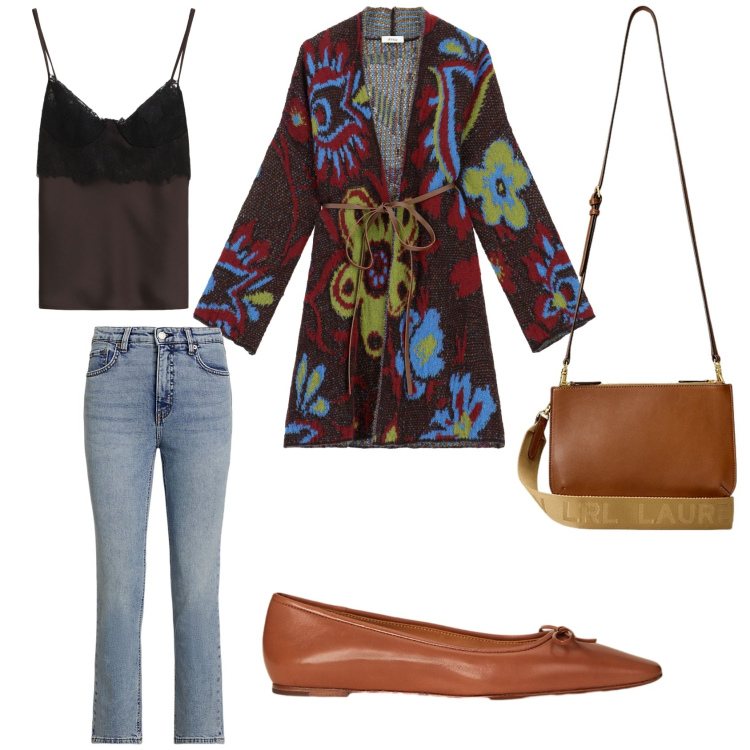 Outfit donna - Cardigan e jeans. Stile Basic per Tutti i giorni. Abbinamento con canottiere, cardigans, borse a tracolla, jeans dritti, ballerine.