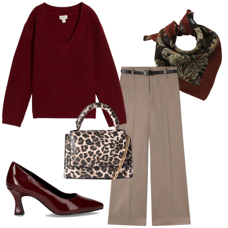 Outfit donna - Total look #2281819. Stile Minimal per Ufficio. Abbinamento con maglieria, pantaloni, borse a tracolla, foulard, décolleté.