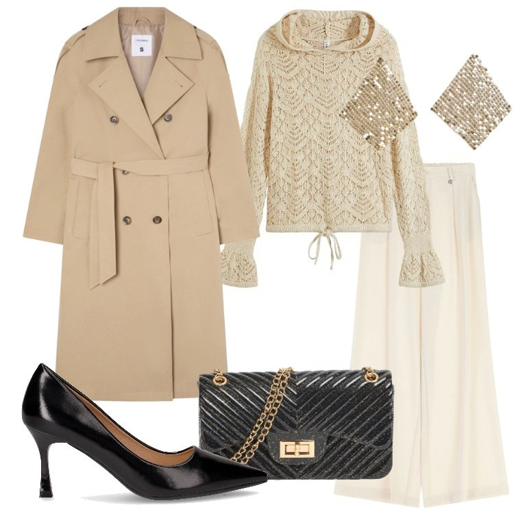 Outfit donna - Black Friday Chic. Stile Chic per Cerimonia. Abbinamento con maglieria, trench, orecchini, borse a tracolla, pantaloni a palazzo, décolleté.