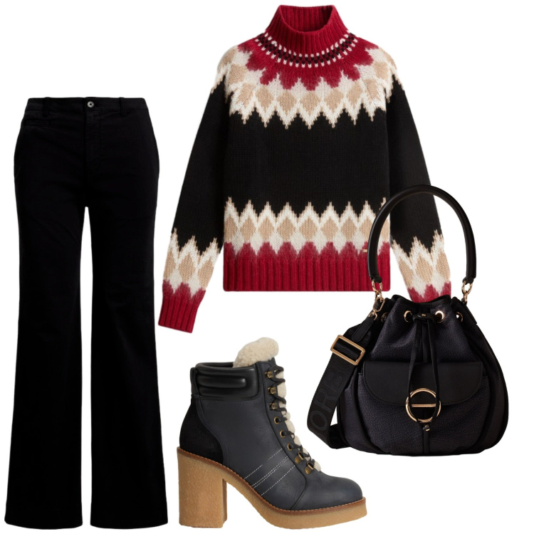 Outfit donna - Total look #2281823. Stile Urban per Tutti i giorni. Abbinamento con borse a secchiello, pantaloni, maglieria, stivaletti.