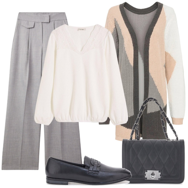 Outfit donna - Ufficiosa. Stile Basic per Ufficio. Abbinamento con cardigans, bluse, pantaloni, mocassini, borse a tracolla.