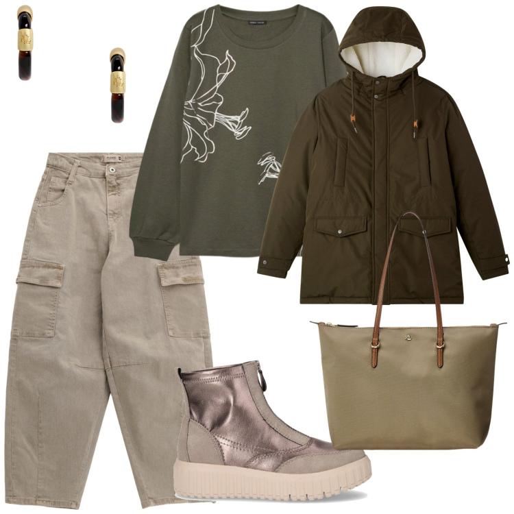 Outfit donna - A lavoro. per Scuola/Università. Abbinamento con pantaloni chino, parka, borse tote, orecchini, felpe, stivaletti chelsea.