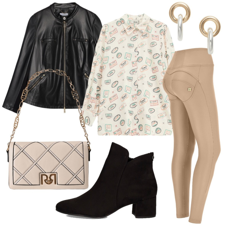 Outfit donna - Tutto in saldo. Stile Rock per Tutti i giorni. Abbinamento con borse a tracolla, camicie, pantaloni skinny, orecchini, giacche, stivaletti.