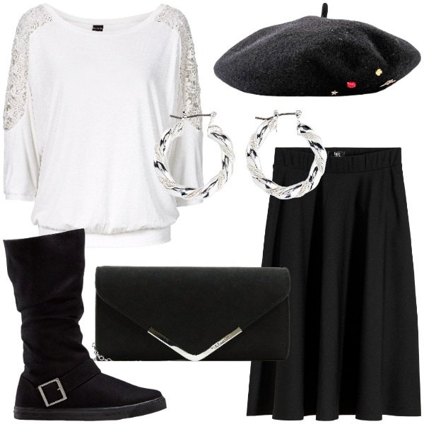 Outfit donna - bonprix SINGLES\' DAY 2025. Stile Glamour per Serata fuori. Abbinamento con gonne longuette, stivali, cappelli e berretti, orecchini, maglieria, pochette.