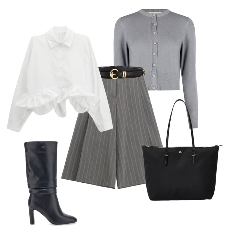 Outfit donna - Pantagonna in gessato. Stile Chic per Serata fuori. Abbinamento con cinture, cardigans, camicie, pantaloni, borse tote, stivali.