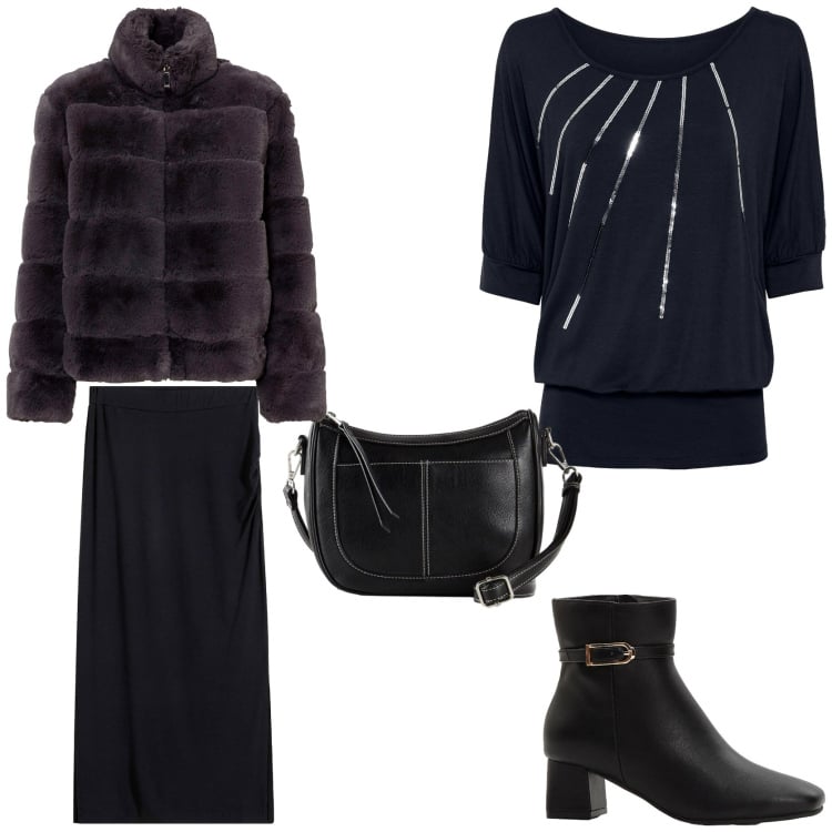 Outfit donna - Serate di festa. Stile Chic per Serata fuori. Abbinamento con maglieria, stivaletti, ecopellicce, gonne longuette, borse a tracolla.