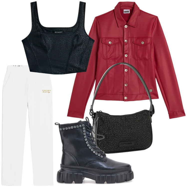 Outfit donna - Black Friday Chic. Stile Sporty chic per Tutti i giorni. Abbinamento con borse a mano, top, pantaloni, giacche, anfibi.