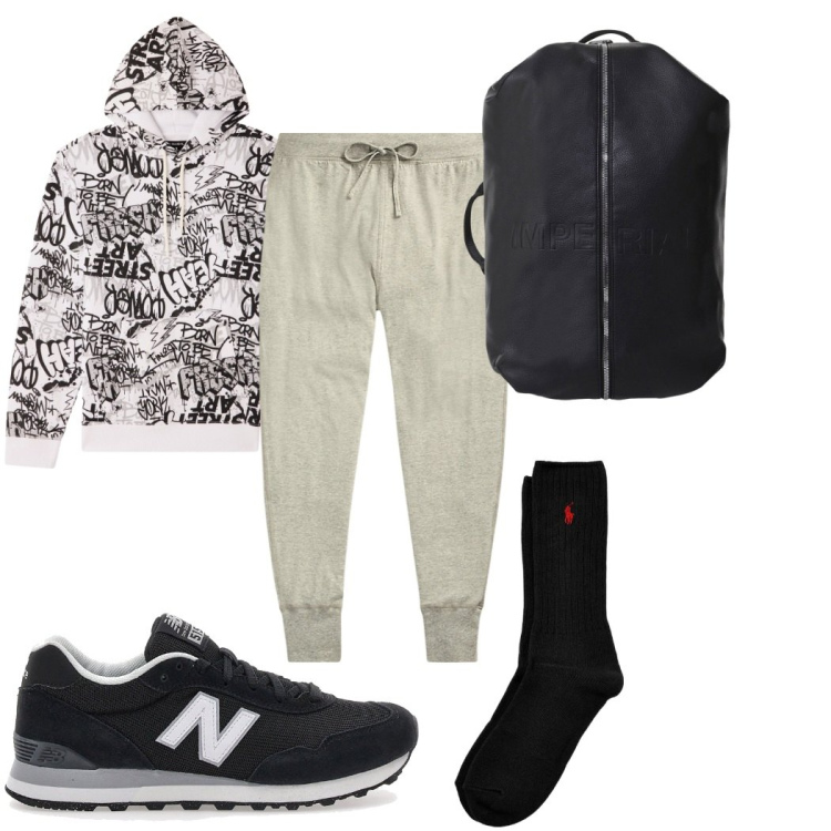 Outfit uomo - Total look #2281846. Stile Trendy per Tutti i giorni. Abbinamento con felpe con cappuccio, borse sportive, pantaloni, calzini, sneakers.