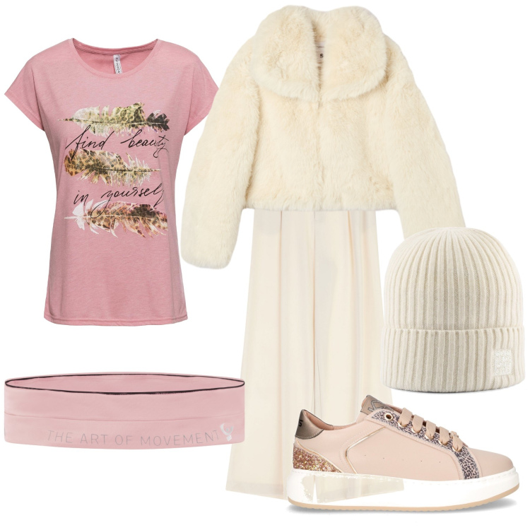 Outfit donna - Panna rosata. Stile Romantica per Tutti i giorni. Abbinamento con t-shirt, ecopellicce, pantaloni a palazzo, marsupi, berretti, sneakers.