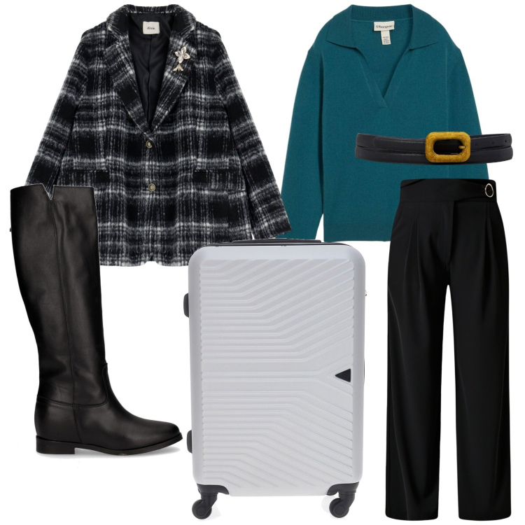 Outfit donna - Black Friday Chic. Stile Casual per Tutti i giorni. Abbinamento con maglieria, pantaloni a palazzo, blazer, stivali, valigie, cinture.