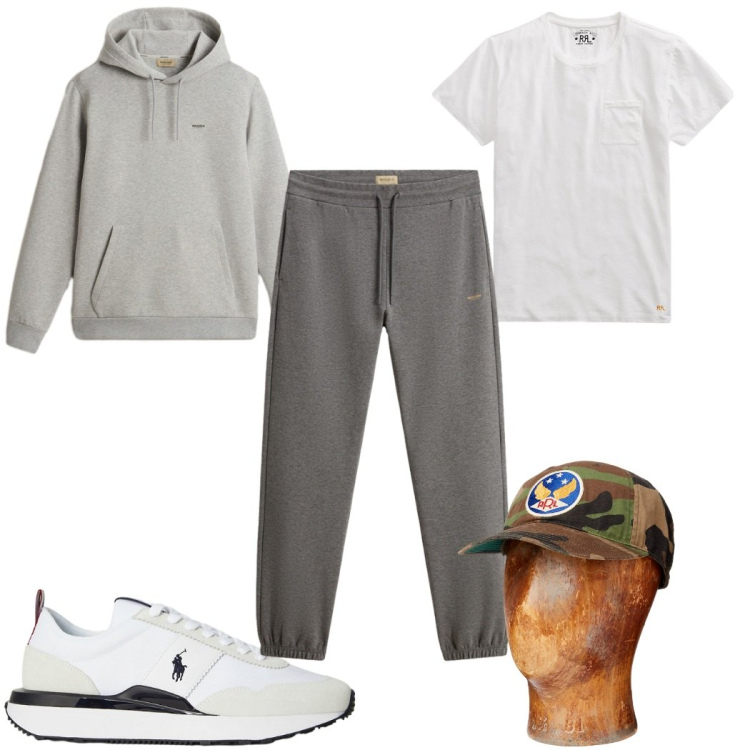 Outfit uomo - Total look #2281849. Stile Trendy per Sport. Abbinamento con t-shirt, cappelli, sneakers, pantaloni, felpe con cappuccio.