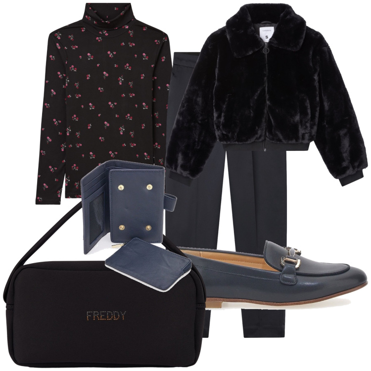 Outfit donna - Total look. Stile Urban per Ufficio. Abbinamento con t-shirt, pantaloni chino, ecopellicce, borse a mano, mocassini, portafogli.