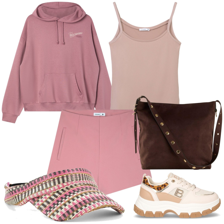 Outfit donna - Sportivamente. Stile Casual chic per Tutti i giorni. Abbinamento con shopping bag, felpe con cappuccio, shorts, canottiere, cappelli con visiera, sneakers.