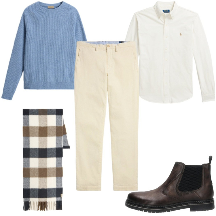 Outfit uomo - Total look #2281868. Stile Casual per Tutti i giorni. Abbinamento con pantaloni, camicie, maglieria, sciarpe, stivali e stivaletti.