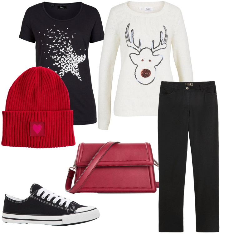 Outfit donna - Aspettando il Natale. Stile Basic per Tutti i giorni. Abbinamento con t-shirt, sneakers, pantaloni, maglieria, berretti, borse a tracolla.