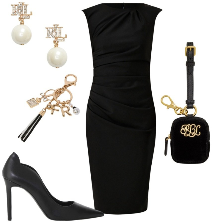 Outfit donna - Tubino nero. Stile Bon Ton per Cerimonia. Abbinamento con vestiti a tubino, décolleté, pochette, orecchini, portachiavi.