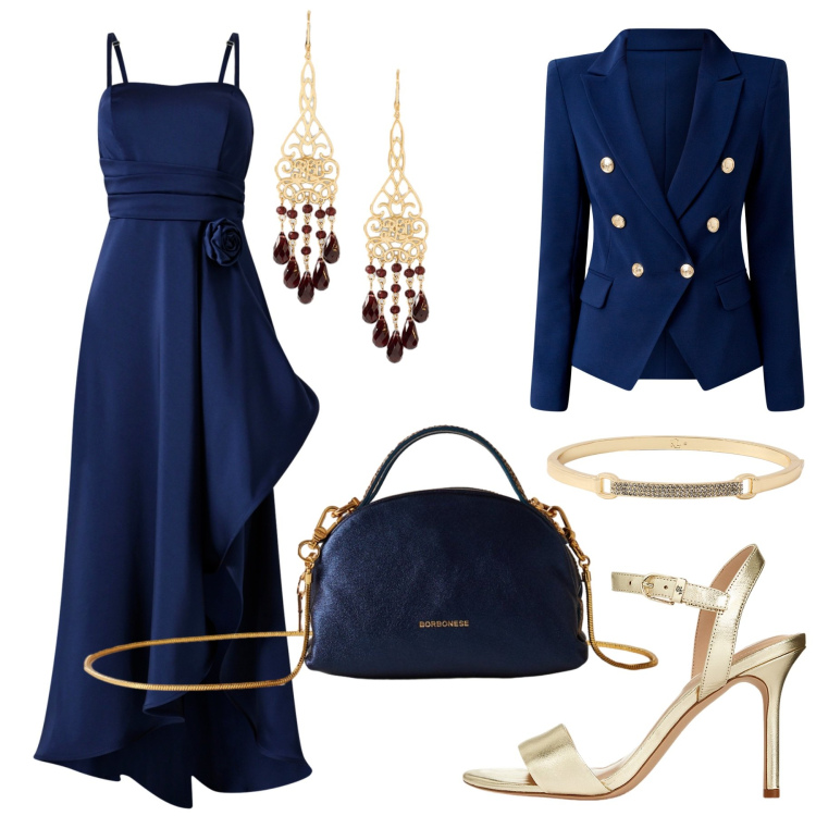 Outfit donna - Total look #2281876. Stile Chic per Serata fuori. Abbinamento con blazer, vestiti lunghi, borse a mano, braccialetti, sandali in pelle, orecchini.