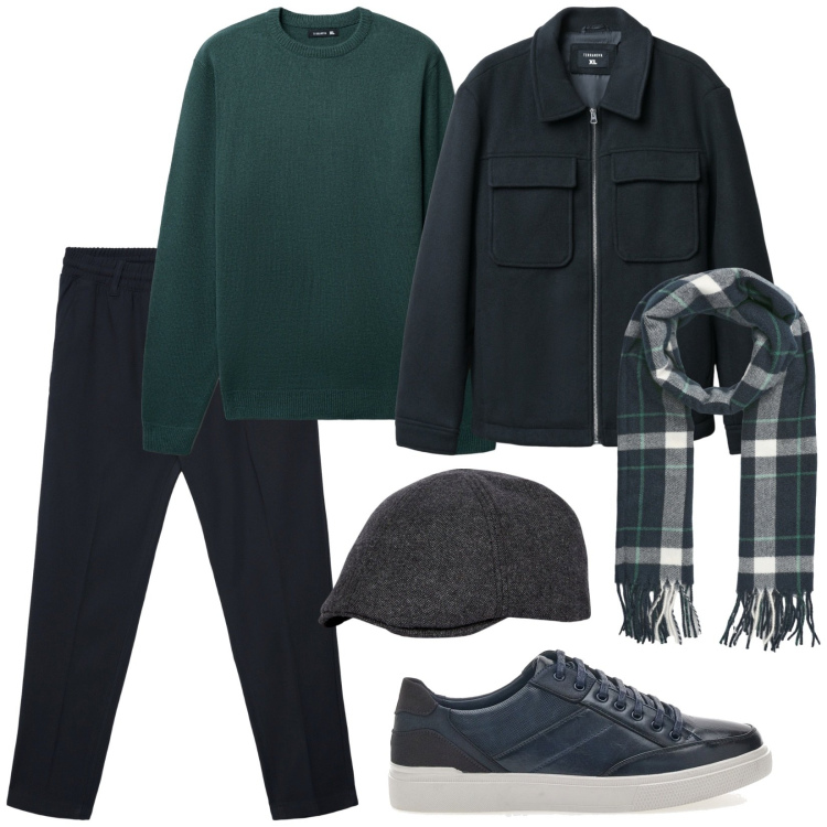 Outfit uomo - Total look #2281878. Stile Casual per Tutti i giorni. Abbinamento con cappotti, sciarpe, pantaloni, maglieria, scarpe stringate, cappelli con visiera.