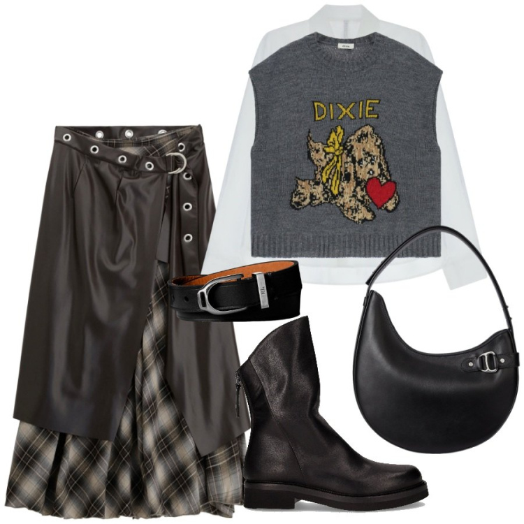 Outfit donna - Inserti in pelle rock. Stile Rock per Serata fuori. Abbinamento con camicie, maglieria, gonne lunghe, borse a spalla, braccialetti, stivaletti.