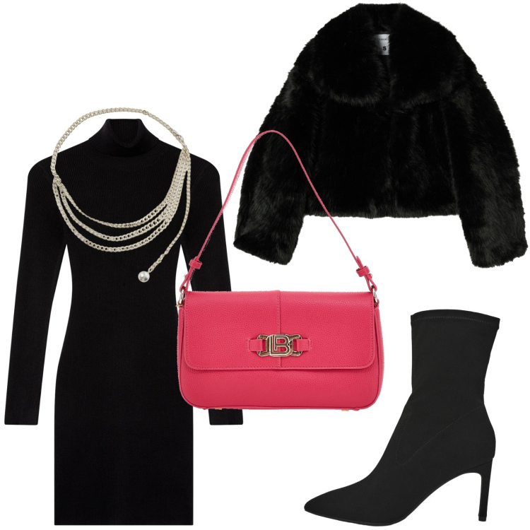 Outfit donna - Il fascino degli accessori. Stile Basic per Serata fuori. Abbinamento con stivali, vestiti corti, ecopellicce, collane, borse a spalla.