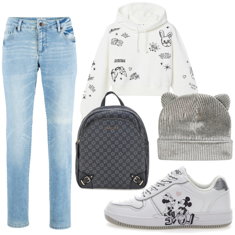 Outfit donna - Total look #2281884. Stile Casual per Scuola/Università. Abbinamento con jeans dritti, berretti, felpe con cappuccio, sneakers, zaini.