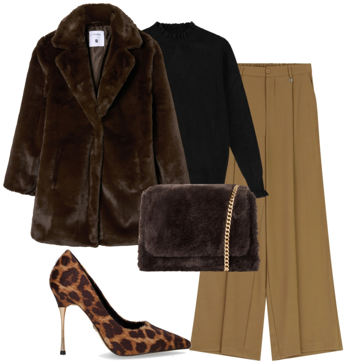 Outfit donna - City. Stile Urban per Tutti i giorni. Abbinamento con cappotti, borse a tracolla, pantaloni a palazzo, maglieria, décolleté.