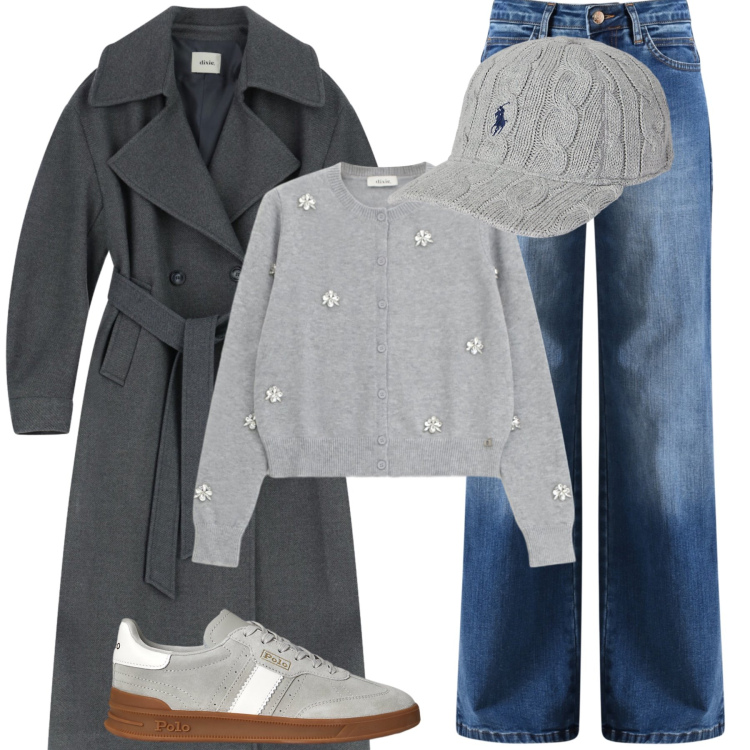 Outfit donna - Abbinamenti in grigio. Stile Trendy per Tutti i giorni. Abbinamento con jeans, cardigans, cappotti, sneakers, cappelli.