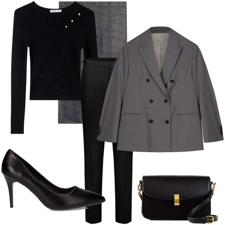 Outfit donna - Black Friday chic. Stile Casual chic per Serata fuori. Abbinamento con borse a mano, maglieria, pantaloni chino, stole, blazer, décolleté.