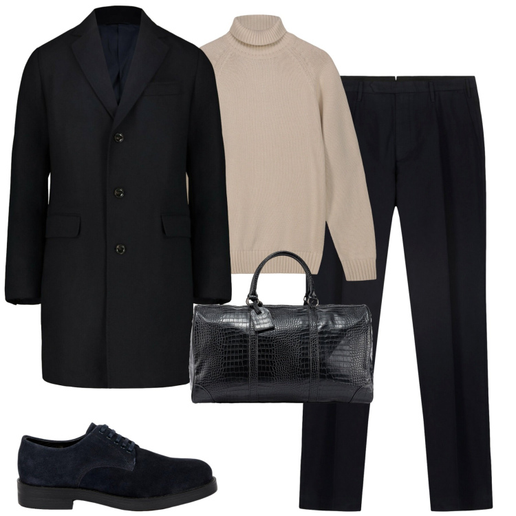 Outfit uomo - Rigoroso. Stile Business/Elegante per Tutti i giorni. Abbinamento con pullovers, cappotti, pantaloni, scarpe stringate, borse sportive.