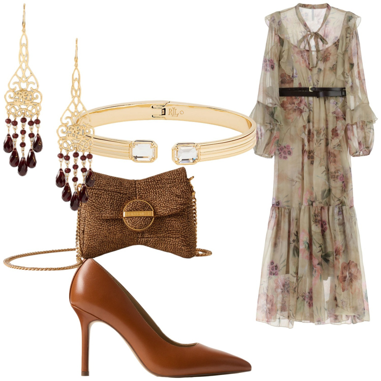 Outfit donna - Cerimonia country. Stile Romantica per Cerimonia. Abbinamento con vestiti lunghi, pochette, orecchini, décolleté, braccialetti.