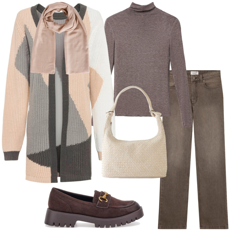 Outfit donna - Total look #2281899. Stile Casual per Tutti i giorni. Abbinamento con cardigans, shopping bag, jeans bootcut, foulard, t-shirt, mocassini.