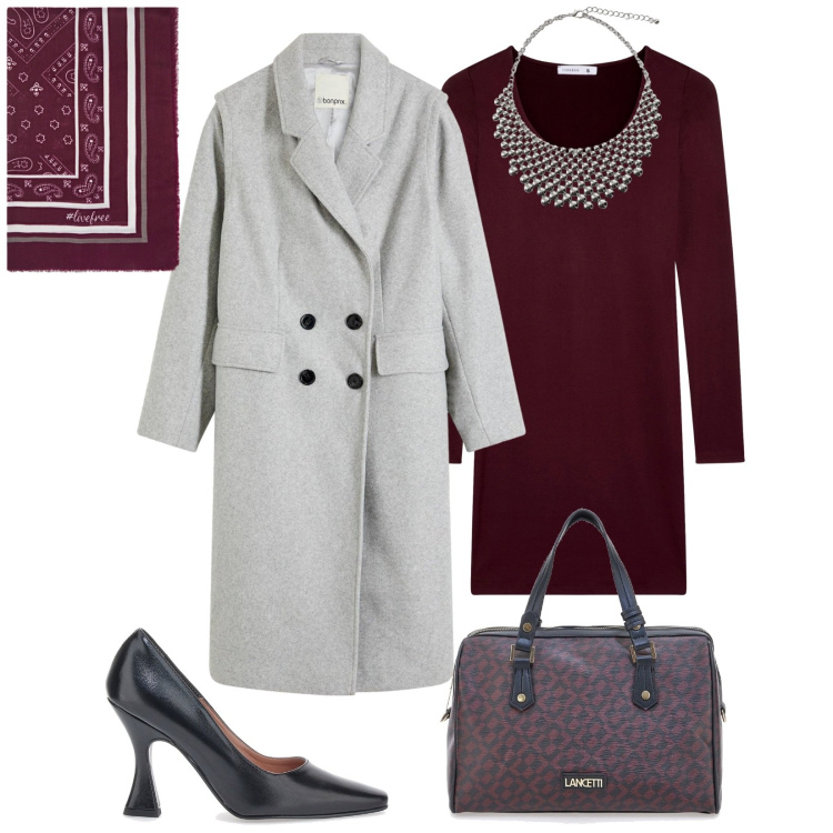 Outfit donna - Total look #2281902. Stile Bon Ton per Serata fuori. Abbinamento con cappotti, vestiti corti, collane, décolleté, foulard, borse a mano.