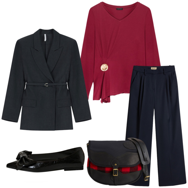 Outfit donna - Total look #2281904. Stile Bon Ton per Serata fuori. Abbinamento con ballerine, blazer, pantaloni, borse a tracolla, t-shirt.