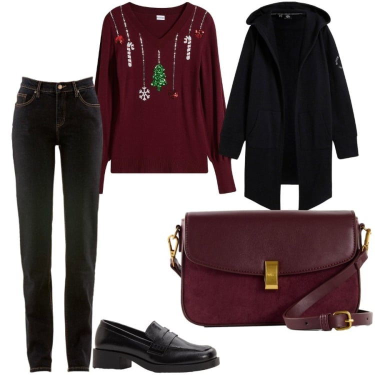 Outfit donna - Per i mercatini di Natale. Stile Casual per Tutti i giorni. Abbinamento con blazer, jeans mom, mocassini, maglieria, borse a mano.