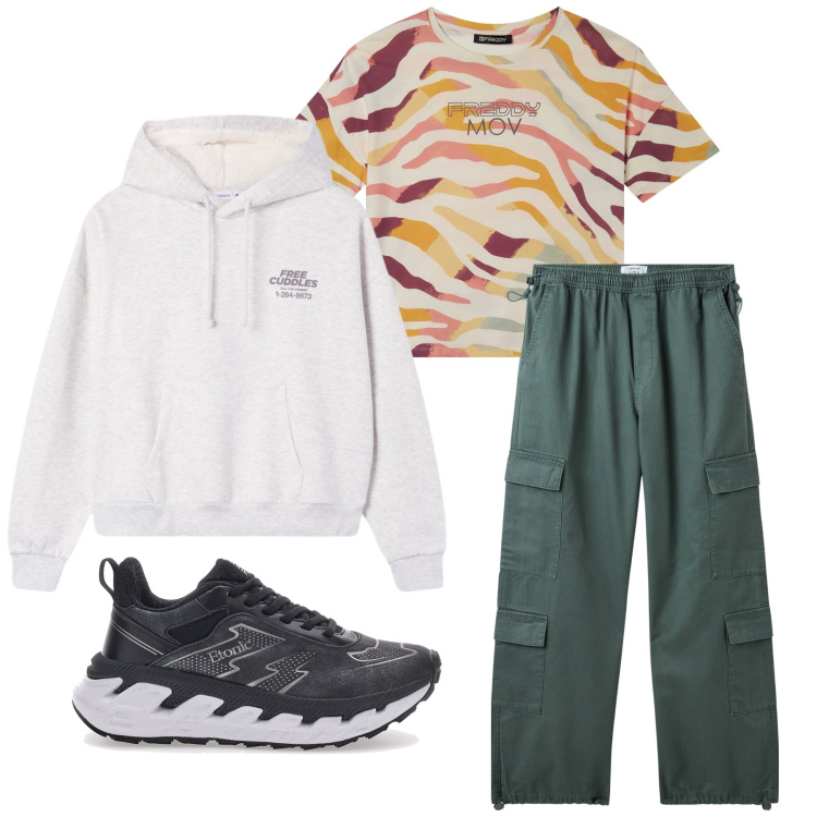 Outfit donna - Total look #2281907. Stile Sporty chic per Sport. Abbinamento con pantaloni cargo, felpe con cappuccio, t-shirt, sneakers.