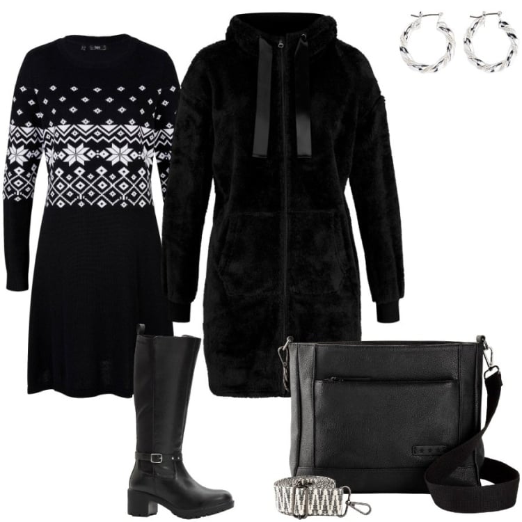 Outfit donna - Giornate di festa. Stile Casual per Tutti i giorni. Abbinamento con blazer, vestiti, borse a tracolla, orecchini, stivali.