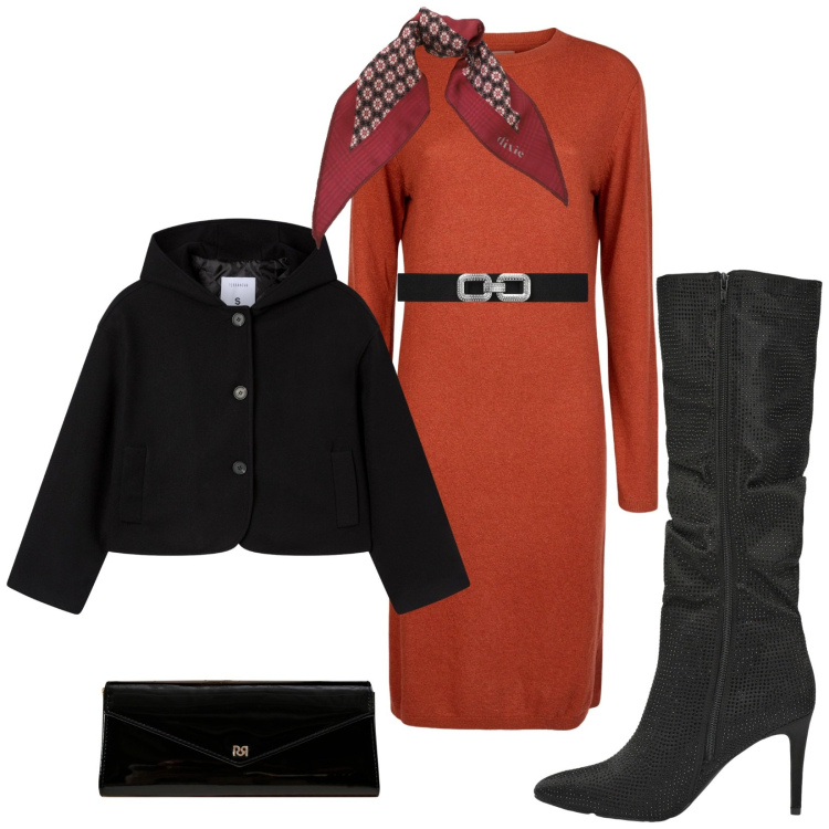 Outfit donna - Total look #2281912. Stile Chic per Serata fuori. Abbinamento con caban, cinture, stivali, pochette, foulard, vestiti midi/longuette.