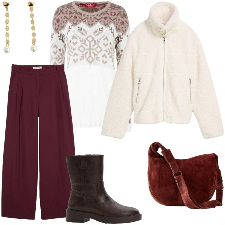 Outfit donna - Shopping natalizio. Stile Casual per Tutti i giorni. Abbinamento con maglieria, pantaloni, borse a mano, stivaletti, ecopellicce, orecchini.