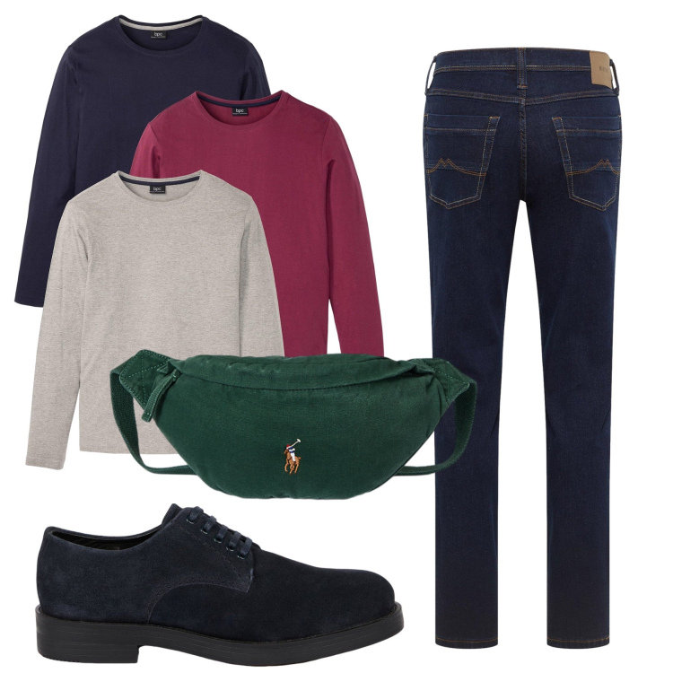 Outfit uomo - Tris. Stile Casual per Tutti i giorni. Abbinamento con jeans dritti, maglieria, borse sportive, scarpe stringate.