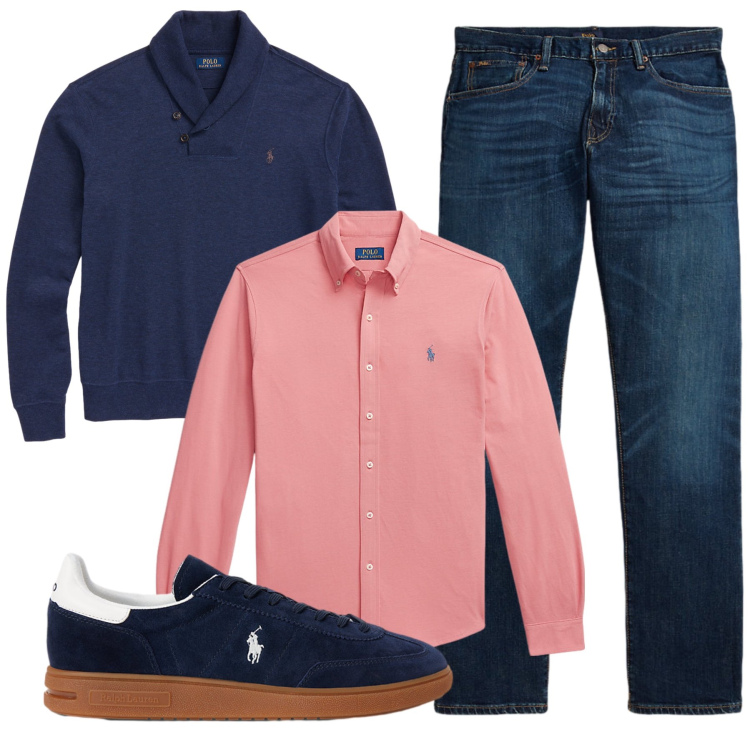 Outfit uomo - Tocco di rosa. Stile Casual per Tutti i giorni. Abbinamento con camicie, sneakers, jeans dritti, pullovers.